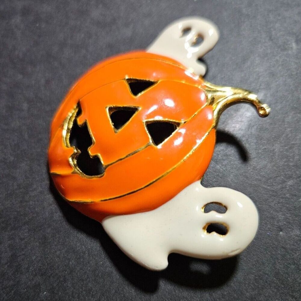 Gold tone pumpkin and ghost brooch - Picture 7 of 9